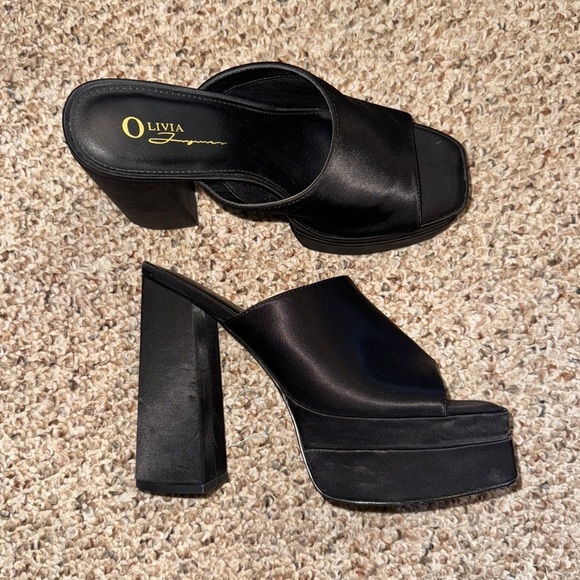 Shoes - Platform Chunky Satin Black Mules Heels 9